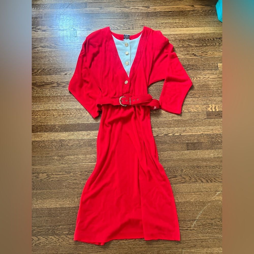 Manhattan Plaza 1980s Vintage Long Sleeve Maxi Dress Red Made In USA Size 10